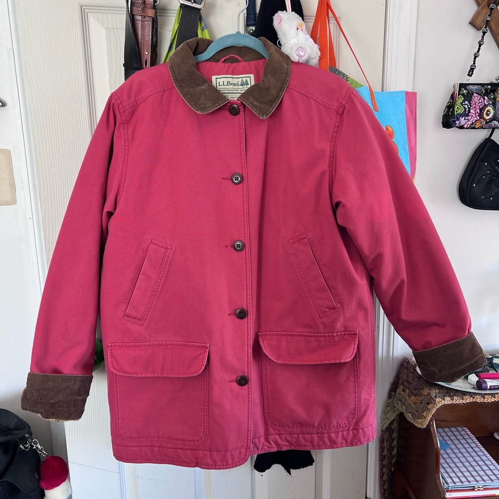 L.L. Bean Red Barn Coat with Brown Corduroy Trim